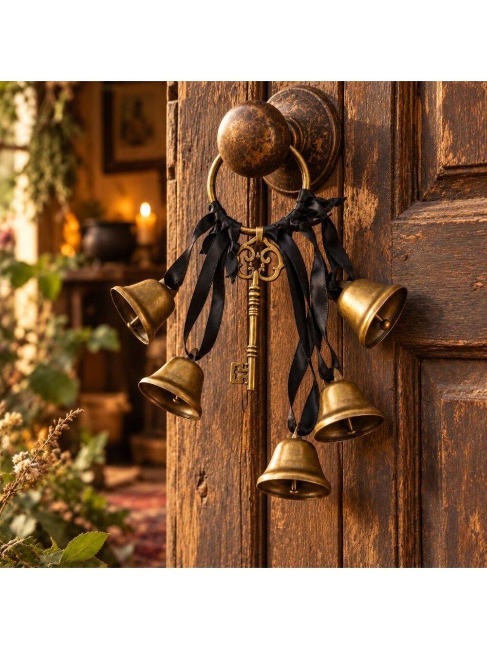 Brass-Tone Witch Bells with Skeleton Key & Black Ribbon - Picture 2 of 6